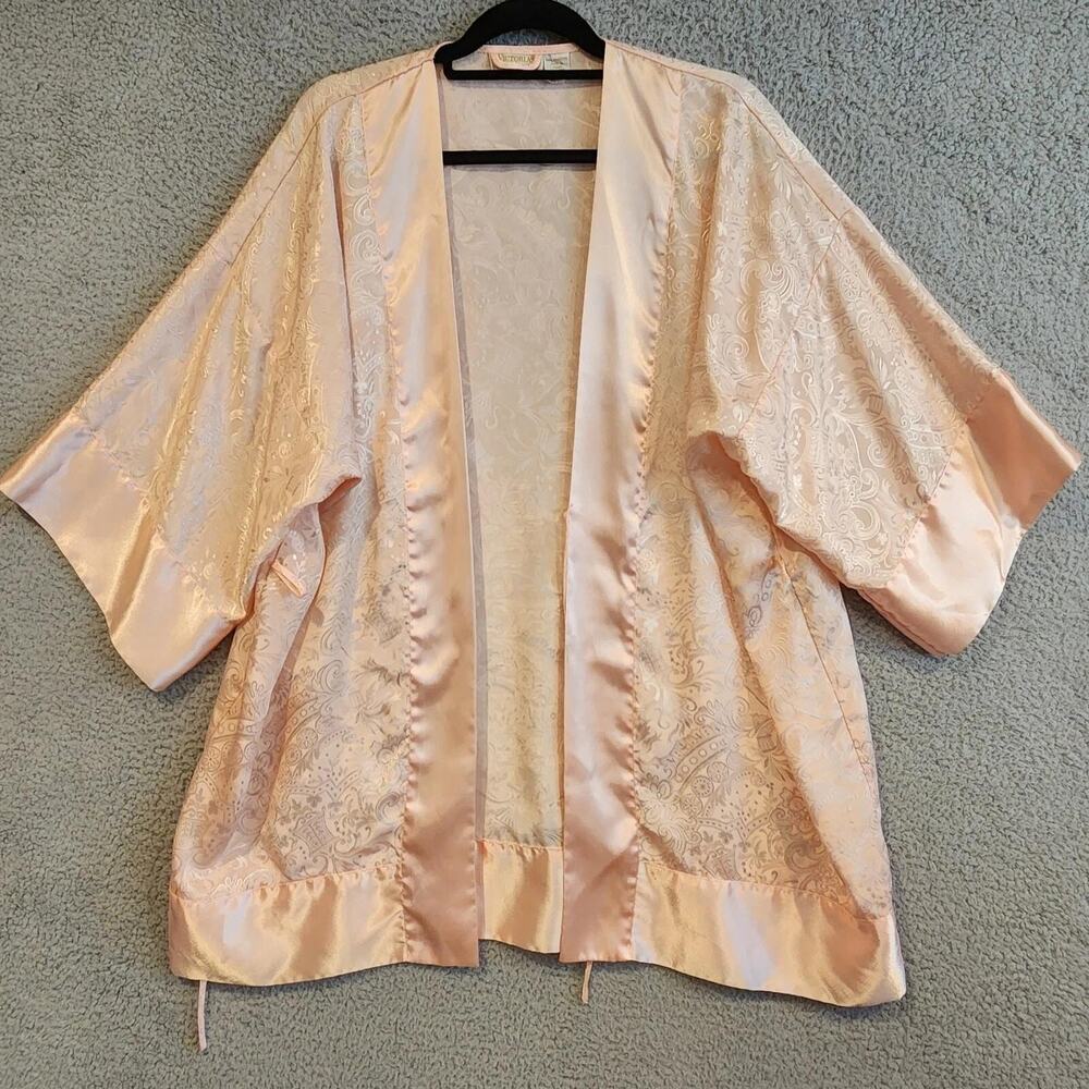 Victoria's Secret Kimono Robe Womens One Size Pink Satin Jacquard Floral Lounge